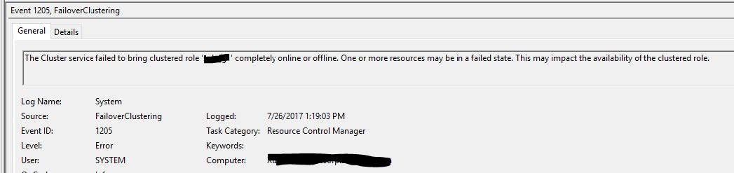 cluster service failed online error