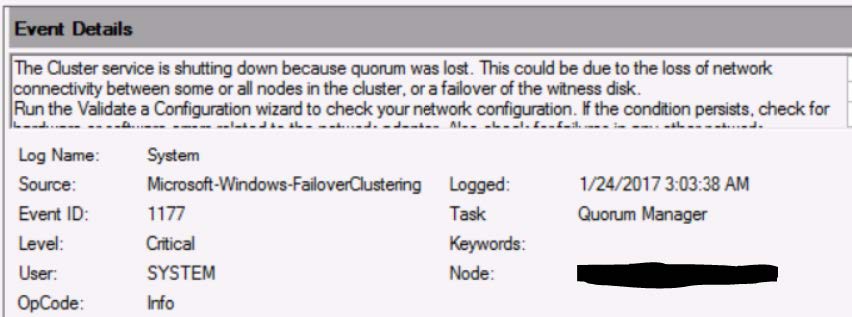 cluster shutting down quorum lost error