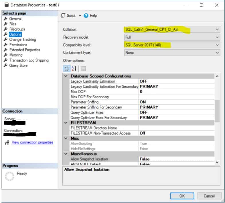 database properties SQL Server