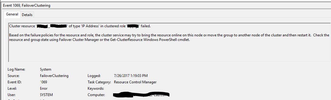 failover clustering error