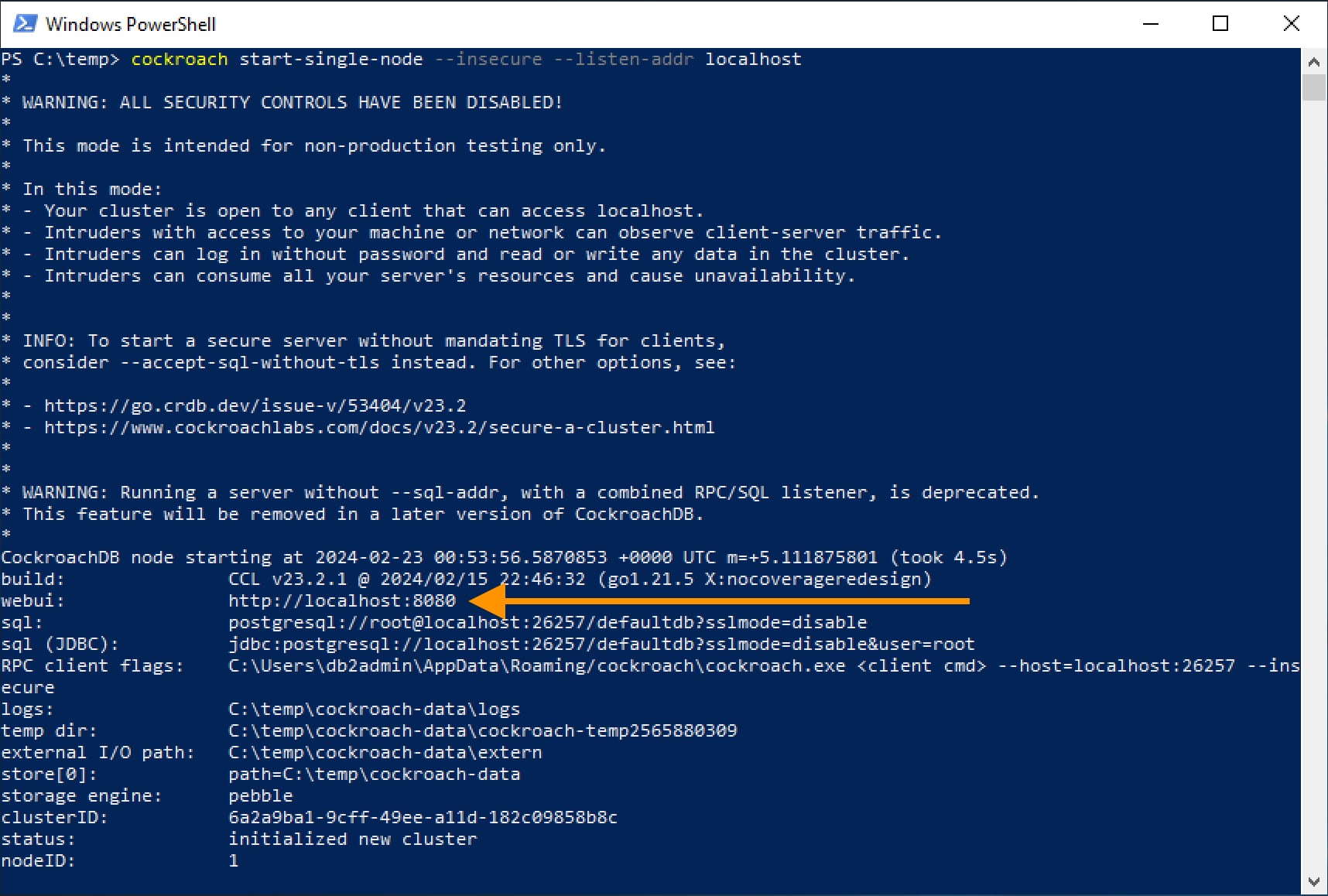 how to build a cockroachdb lab on windows webui address