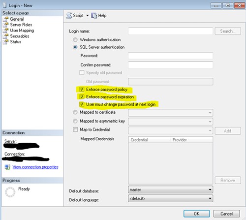 SQL Server Authentication Screen