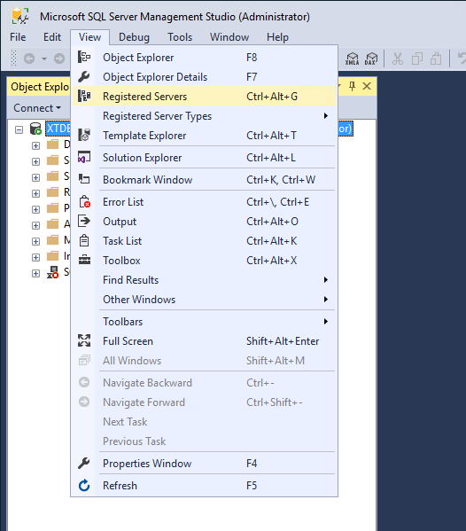 Registered Servers and Centrally Managed Servers view registered servers