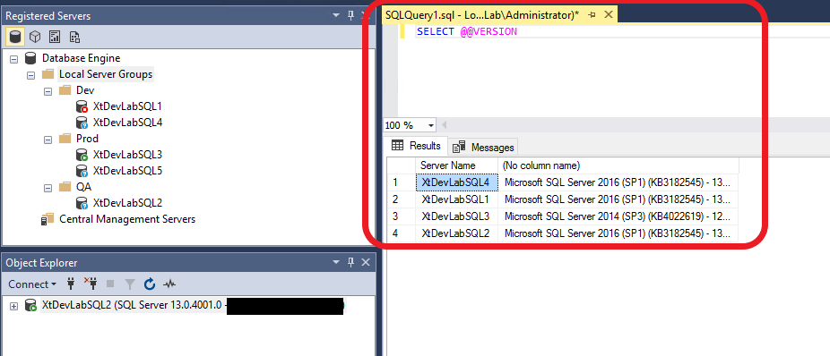 Registered Servers and Centrally Managed Servers query results