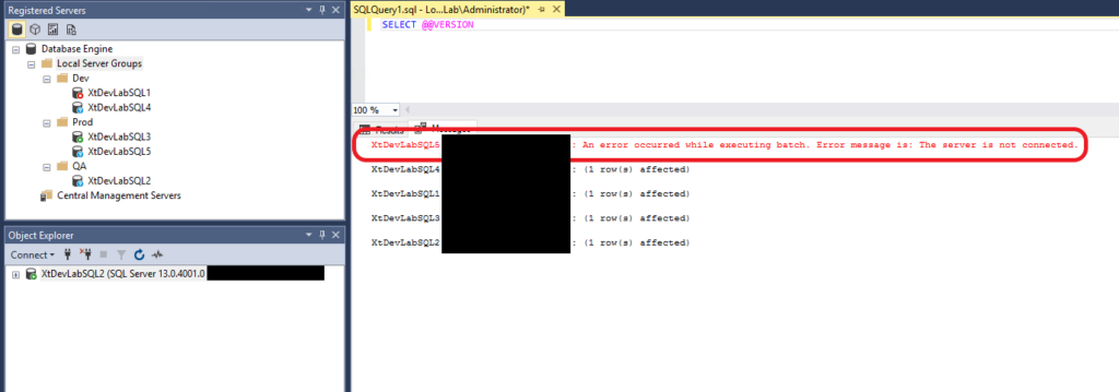 Registered Servers and Centrally Managed Servers messages tab