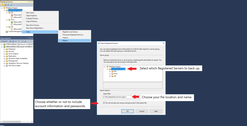 Registered Servers and Centrally Managed Servers export backup registered servers