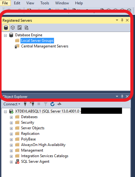 Registered Servers and Centrally Managed Servers local server groups