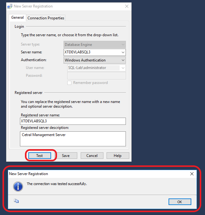 Registered Servers and Centrally Managed Servers test settings