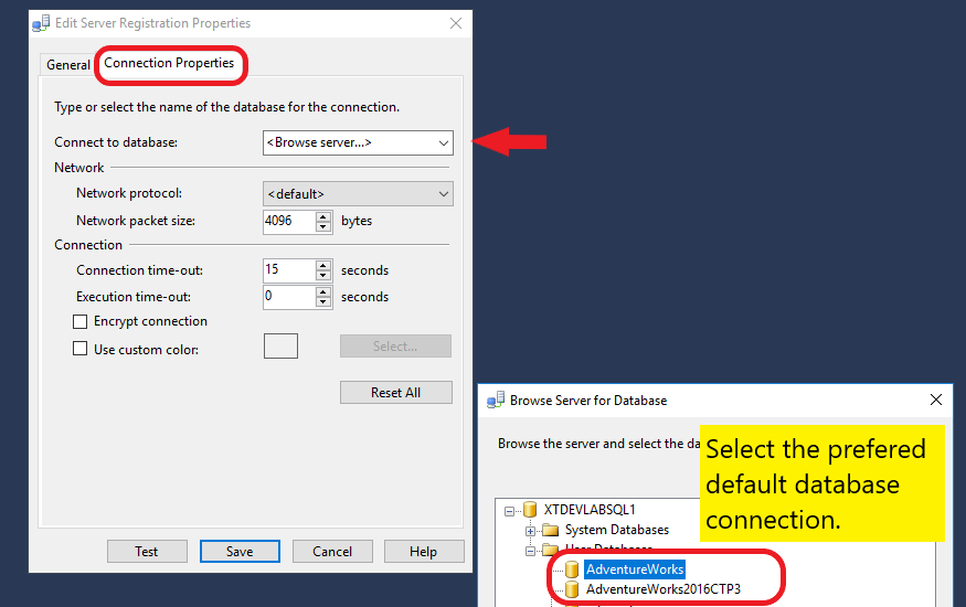 Registered Servers and Centrally Managed Servers connection properties default