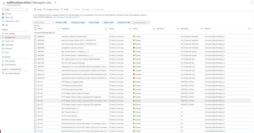 Deploying Azure Front Door with a Web Application Firewall using Custom Rules Default Managed Rules