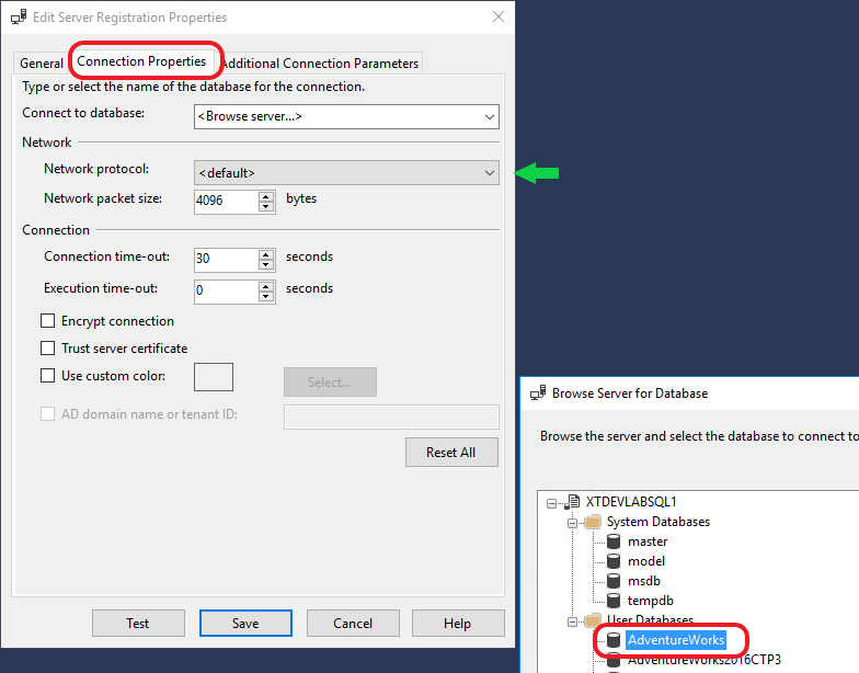 Registered Servers and Centrally Managed Servers connection properties