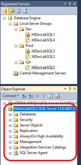 Registered Servers and Centrally Managed Servers object explorer