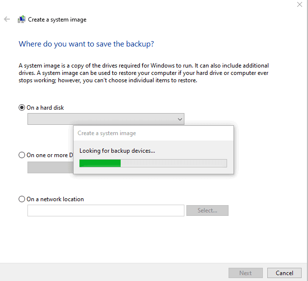 Creating a Windows Backup Image load screen