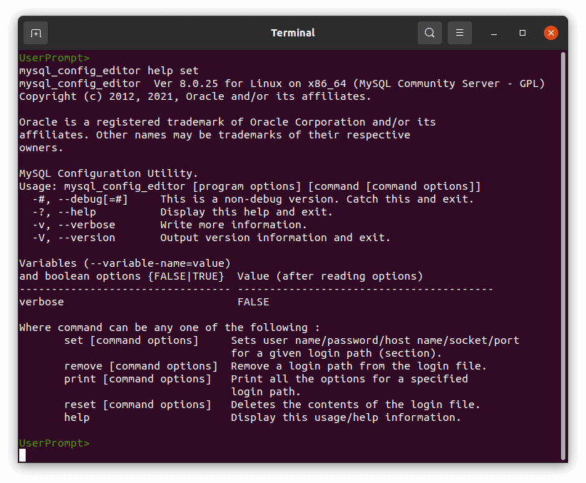 MySQL mysql_config_editor Screenshot