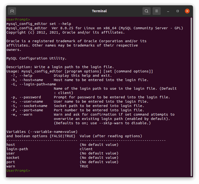 MySQL mysql_config_editor Screenshot