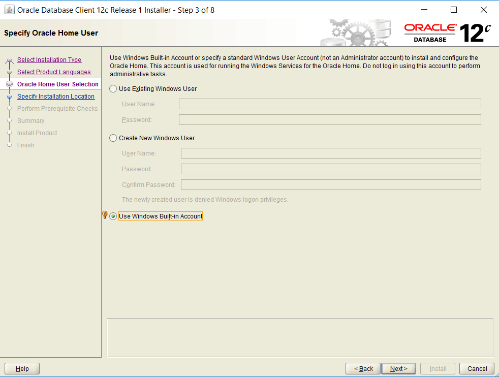 oracle home user use windows built-in account