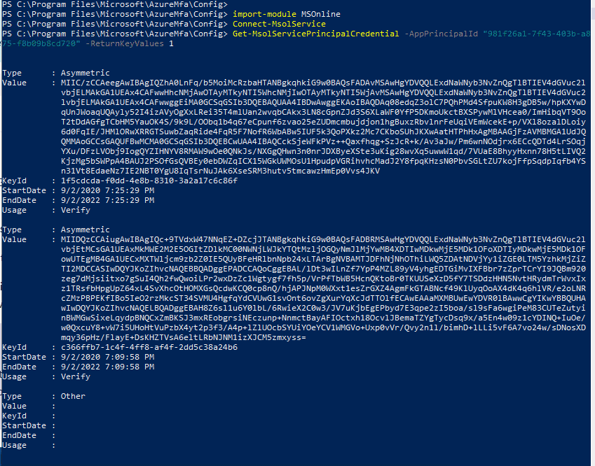 Removing an Azure Application ID Certificate-Azure NPS extension Cert PowerShell Output