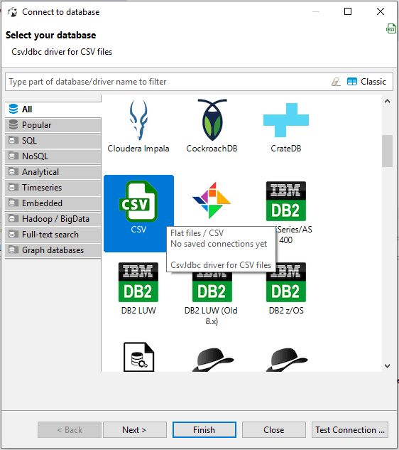 select database all tab csv