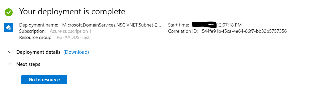 Setting up Azure AD DS resource deployment success