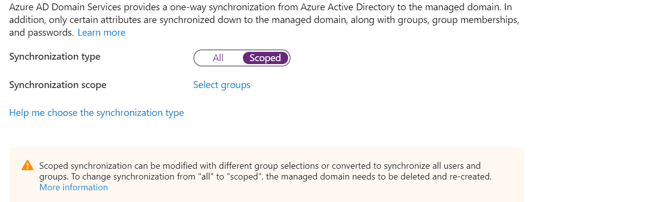 Setting up Azure AD DS synchronization page