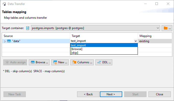 tables mapping test import