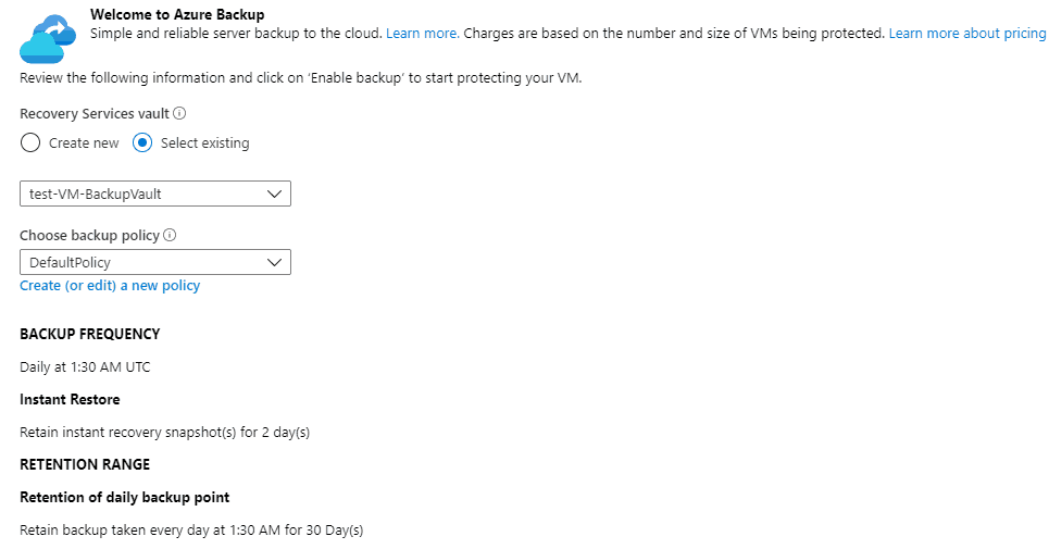VM Backup Blade options